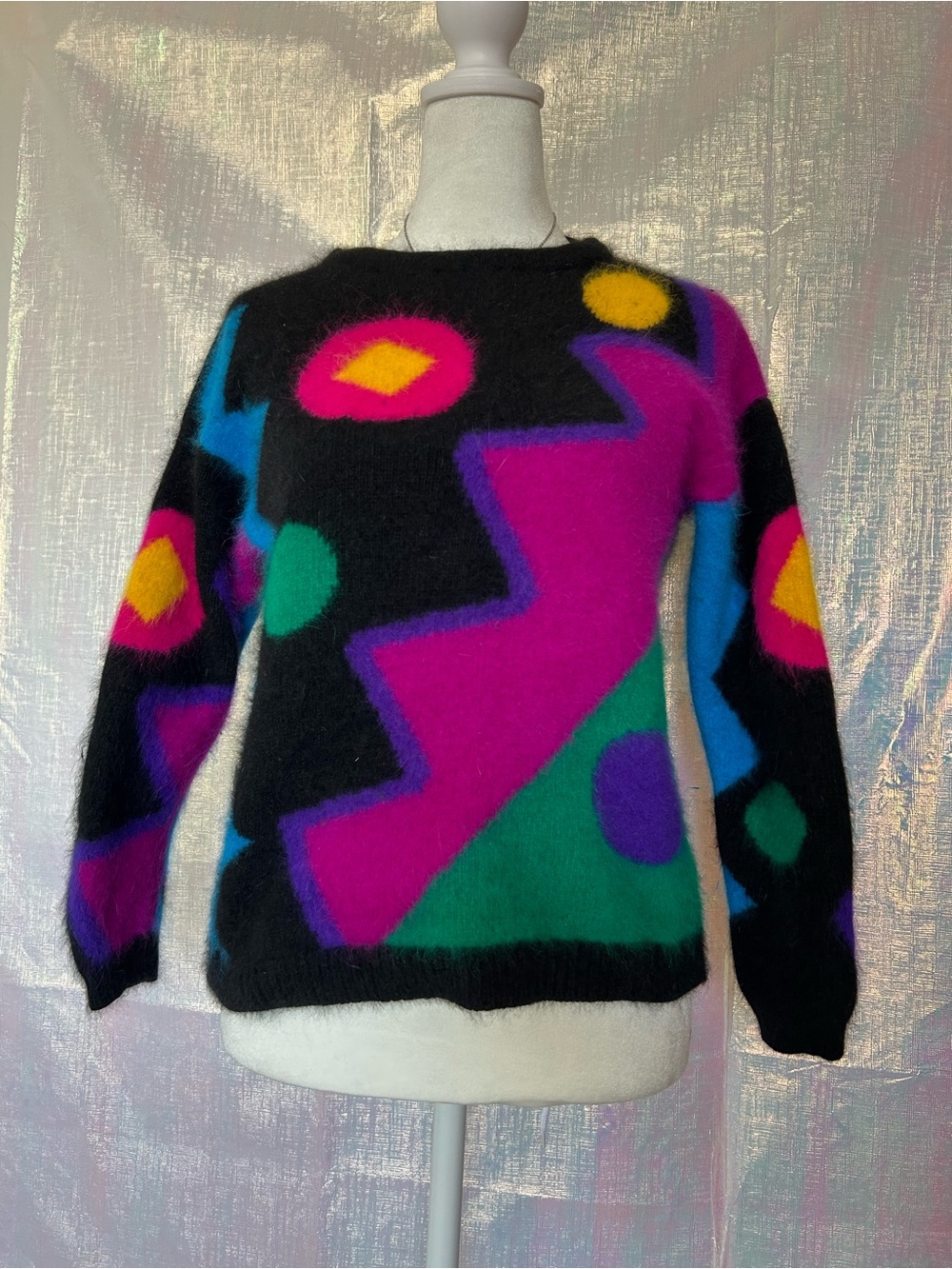 Vintage 80s Black Geometric Colorblock Fuzzy Sweater. Size S.